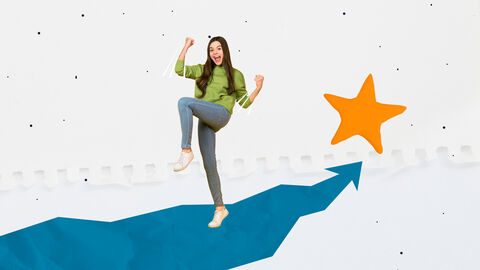 Mädchen steht in Erfolgpose auf einem grafischen Hintergrund mit blauem Weg, der zu einem gelben Stern führt.